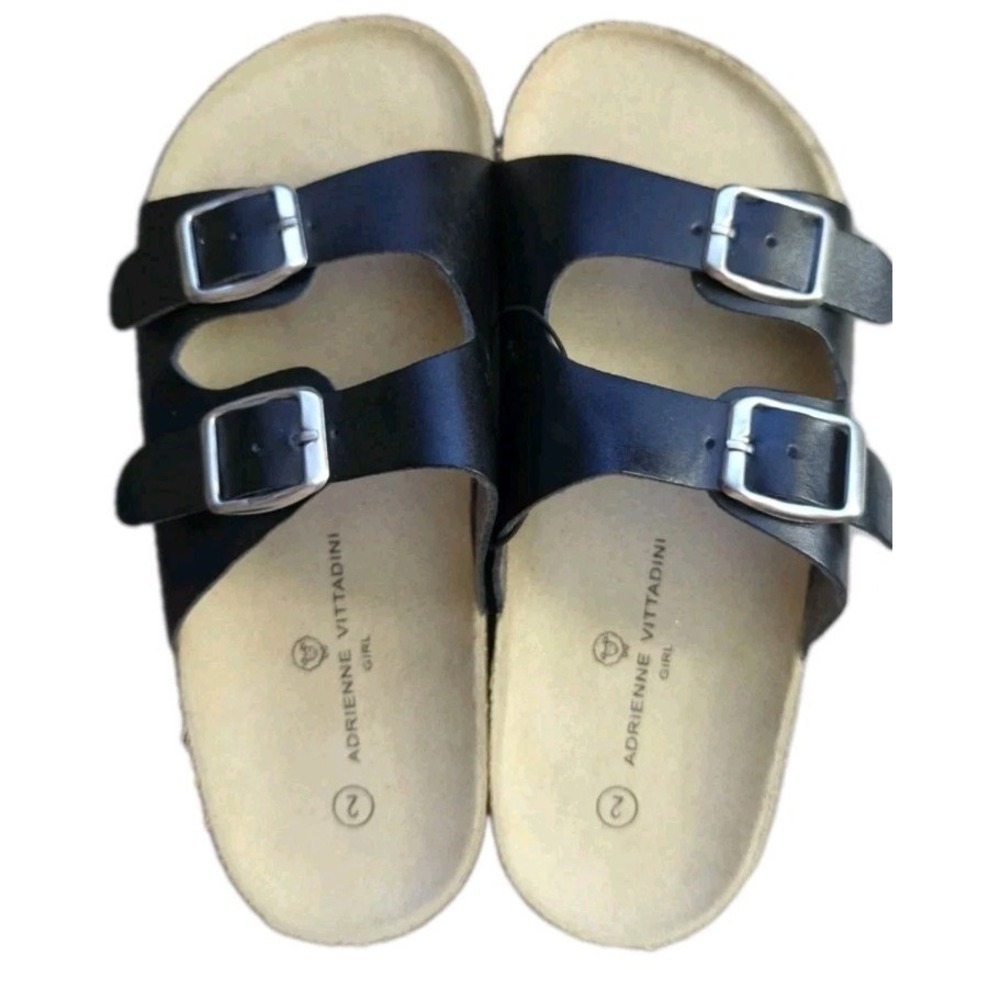 Adrienne Vittadini Girl Size 4 Black Double Strap Buckle Slide Sandals‎ Brooklyn